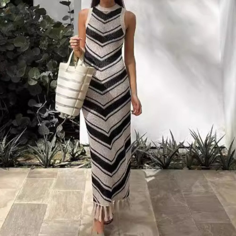 Sexy tight striped fringe knit skirt MIDI